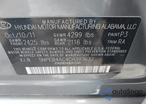 2012 Hyundai Sonata Gls from USA, damaged, VIN 5NPEB4AC4CH393637